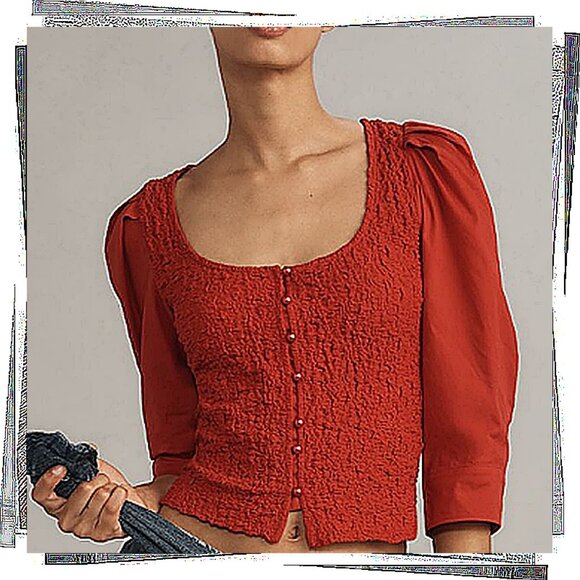 NWT: Red Lightweight Smocked Square Neck Button Front Cardigan (M) - Picture 1 of 3